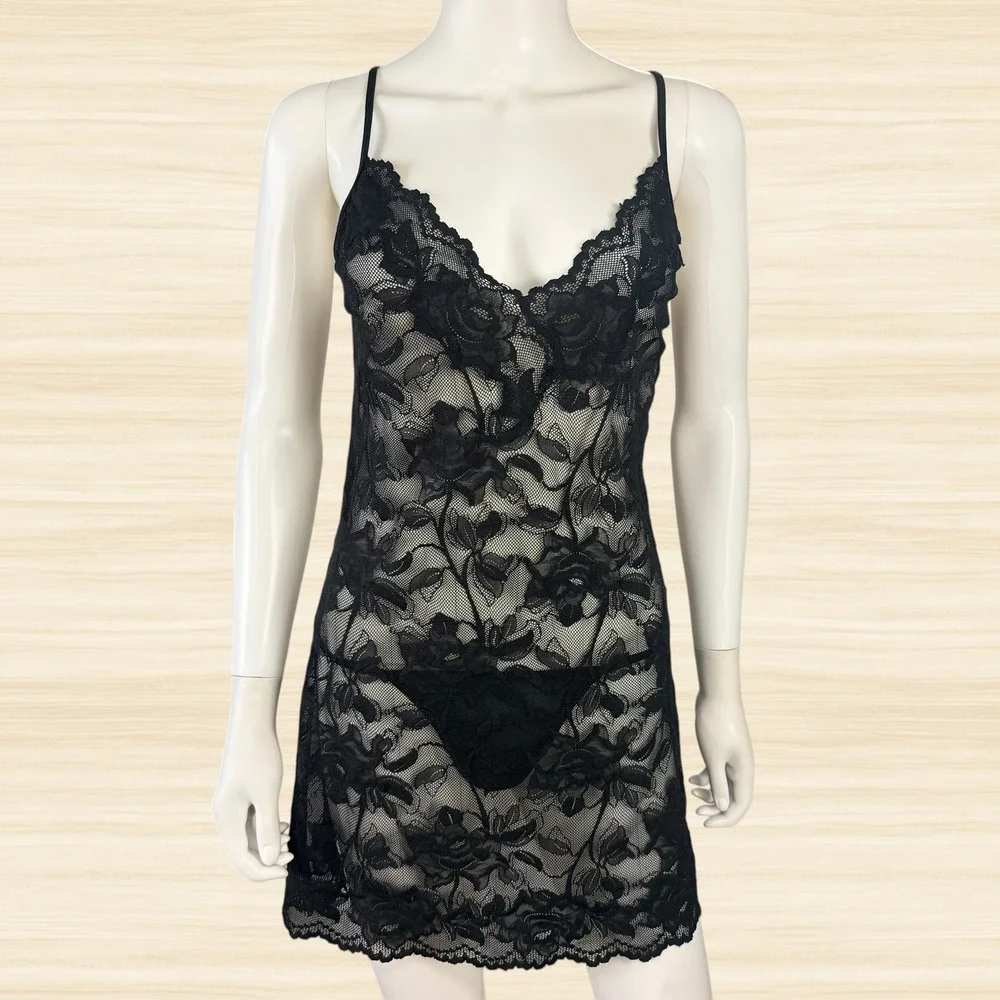 Victoria's Secret Black Sheer Floral Lace Chemise Y2K Mesh Lingerie Nightgown L